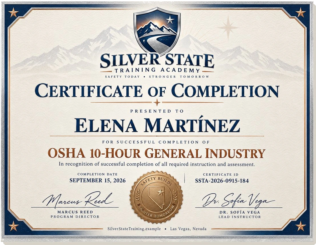 Achievement certificate — Silver State Training Academy