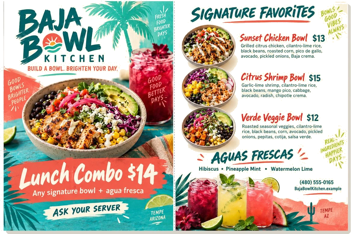 Table tent menu — Baja Bowl Kitchen