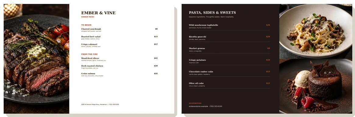 Photo menu spread — Ember & Vine