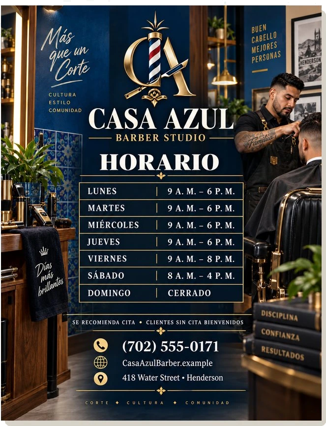 Letrero de horario — Casa Azul Barber Studio