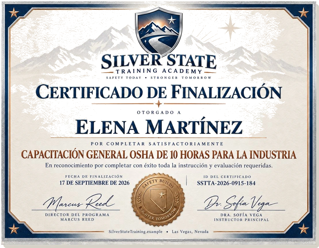 Certificado de logro — Silver State Training Academy
