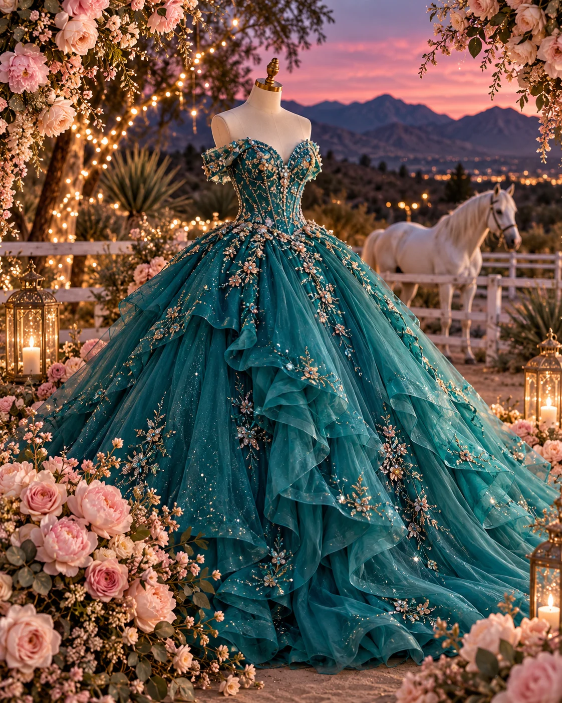 AI-created inspiration: a teal gown on a mannequin, pink roses and a white horse at an imaginary ranch.