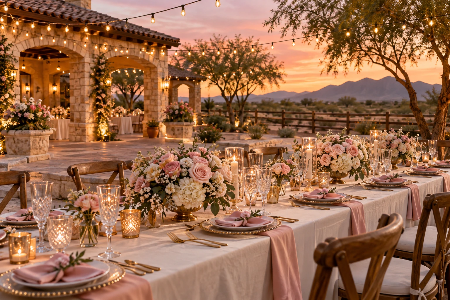 Illustrative outdoor ranch table with blush flowers, string lights and a desert evening.