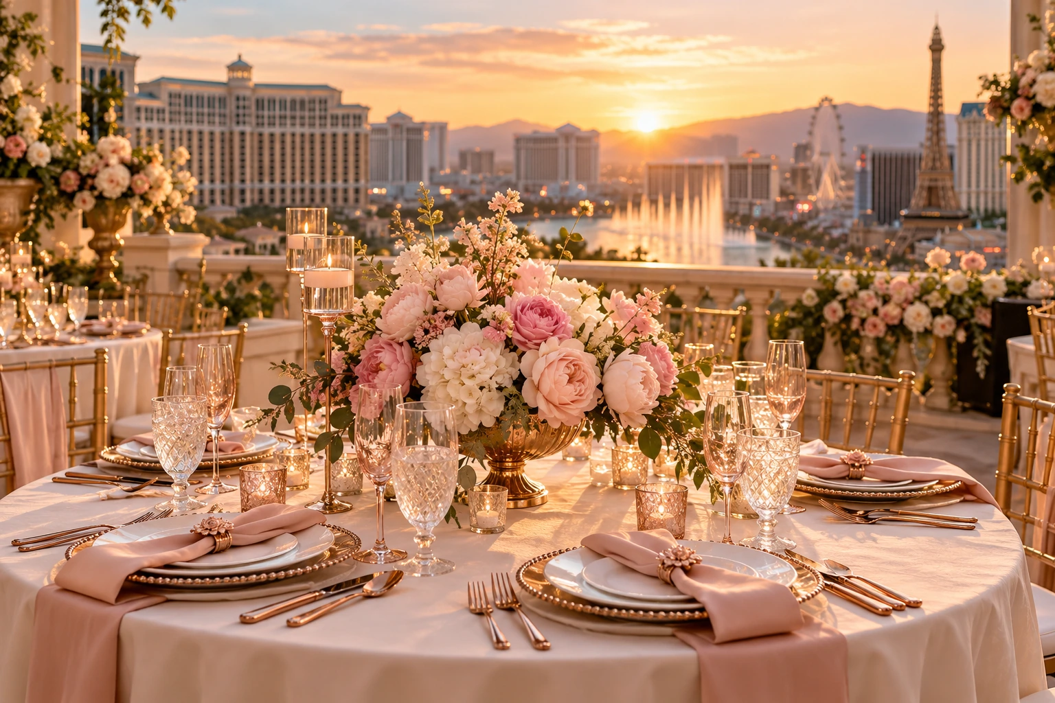 Demo wedding tablescape with rose gold accents.