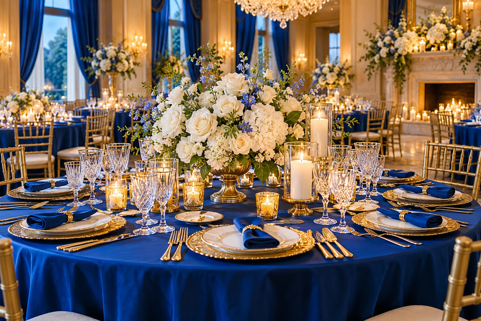 Mesa de boda de ejemplo con detalles azul rey y oro.