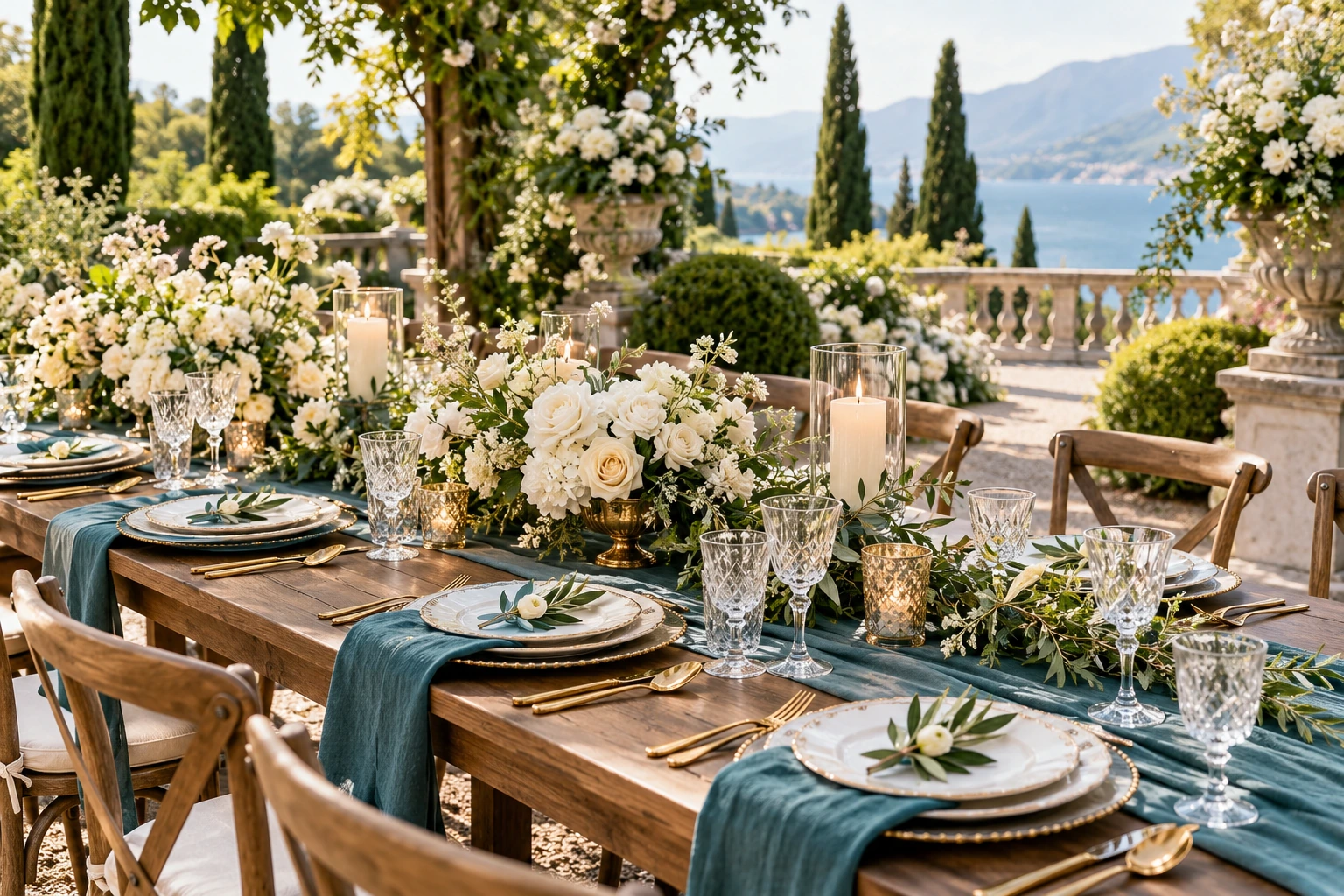 Demo wedding tablescape with teal and gold accents.