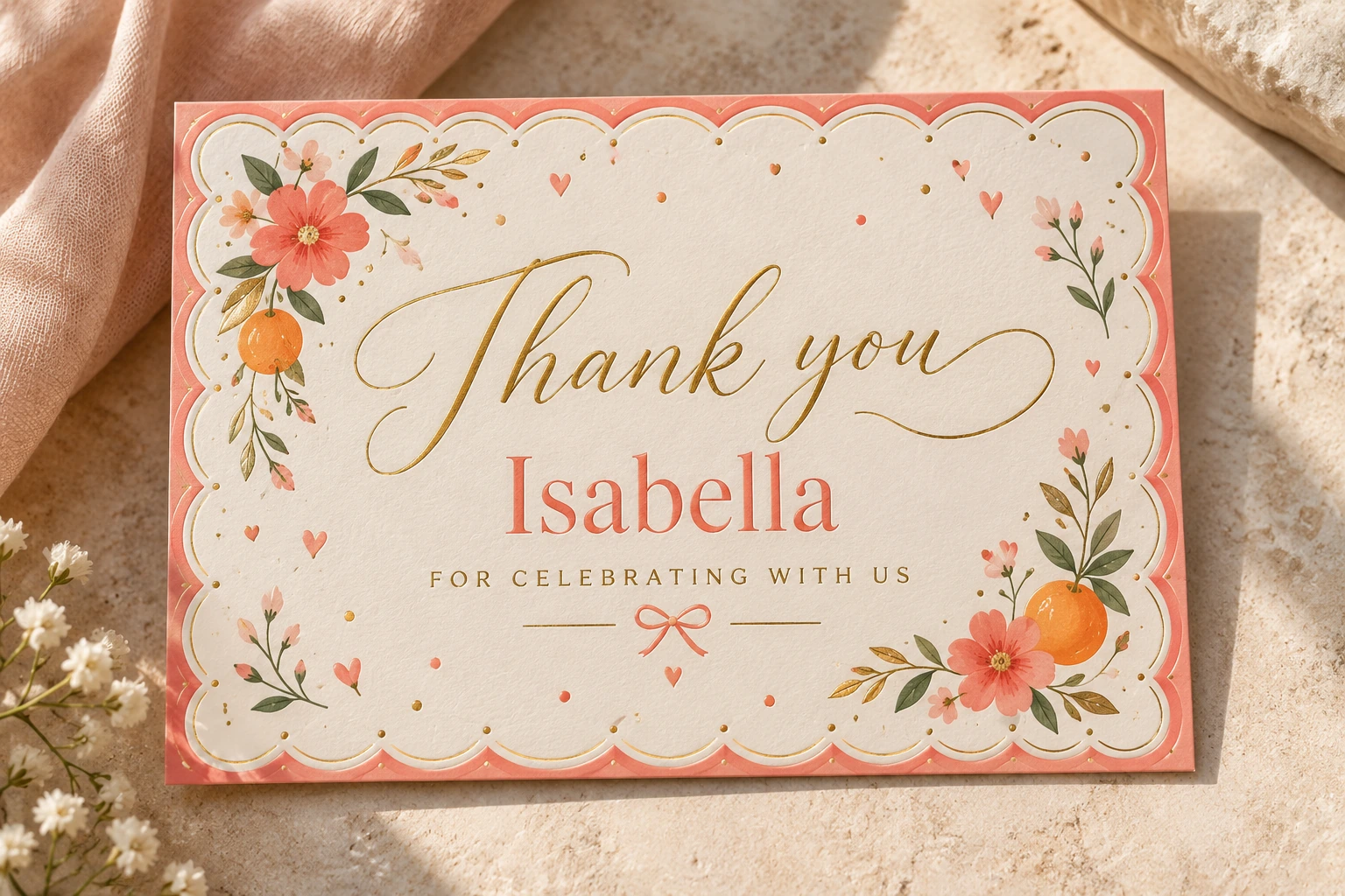 Original thank-you card example, shown complete in a coordinated celebration collection
