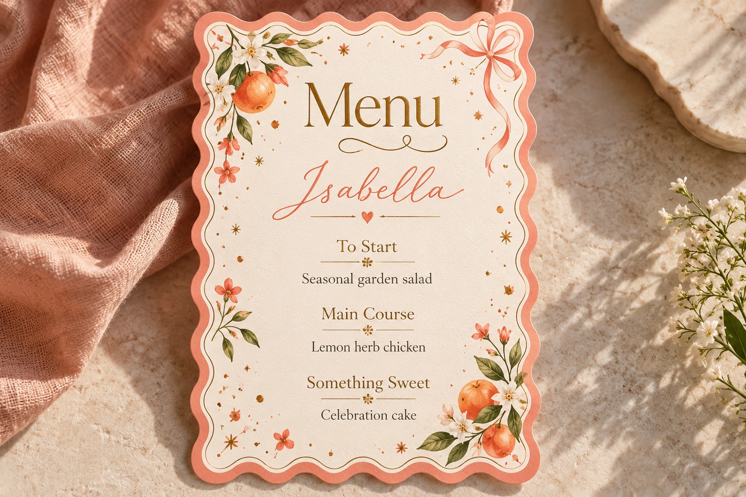 Original menu example, shown complete in a coordinated celebration collection