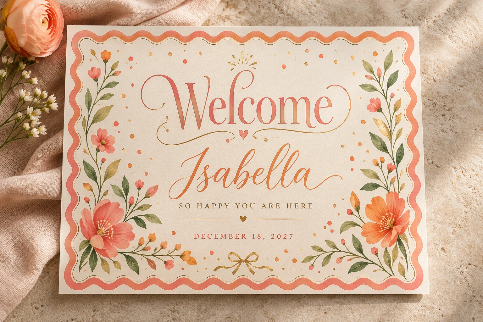 Original welcome sign example, shown complete in a coordinated celebration collection