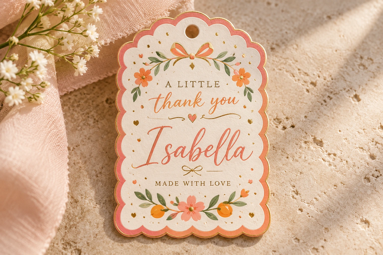 Original favor tag example, shown complete in a coordinated celebration collection