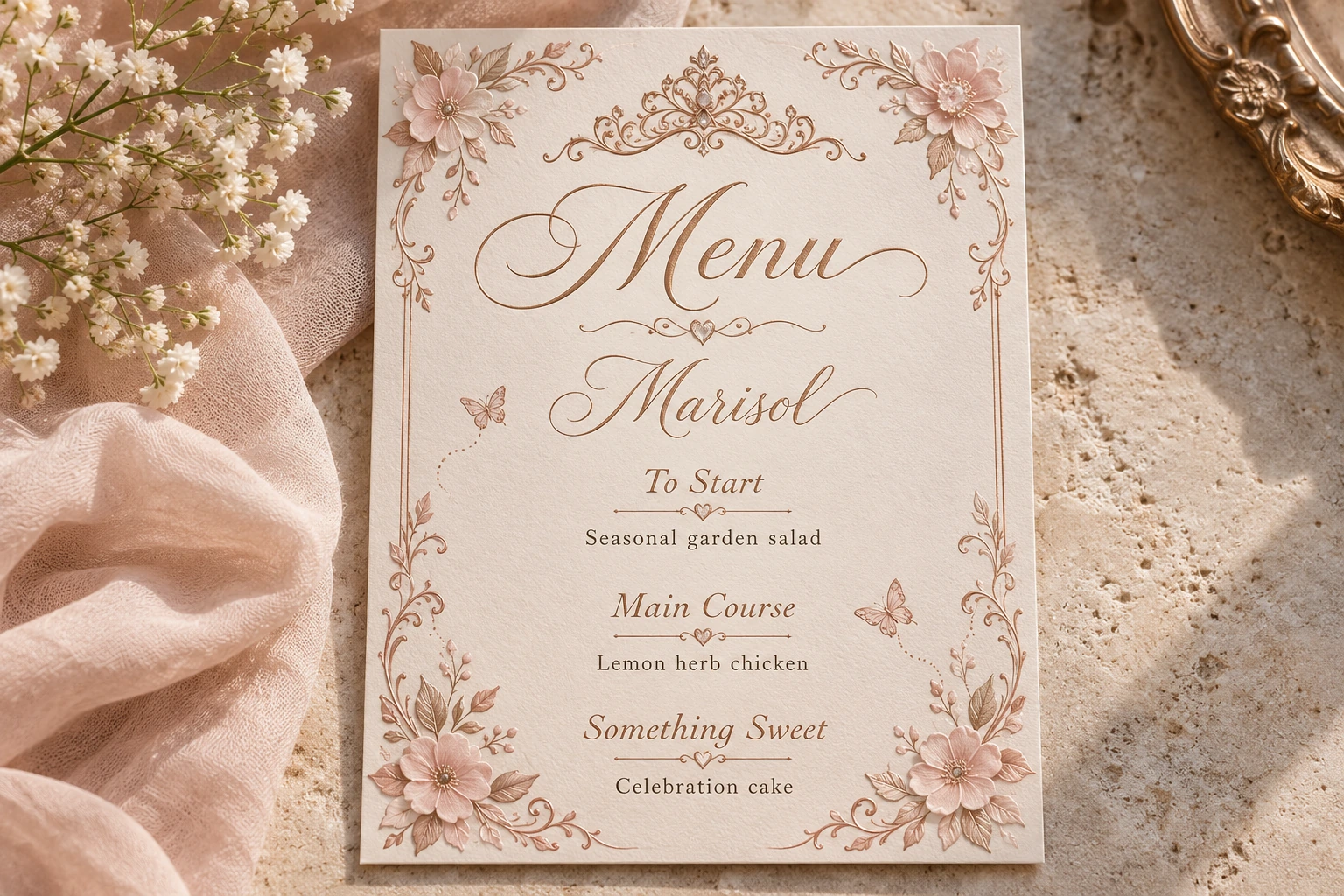 Original menu example, shown complete in a coordinated celebration collection