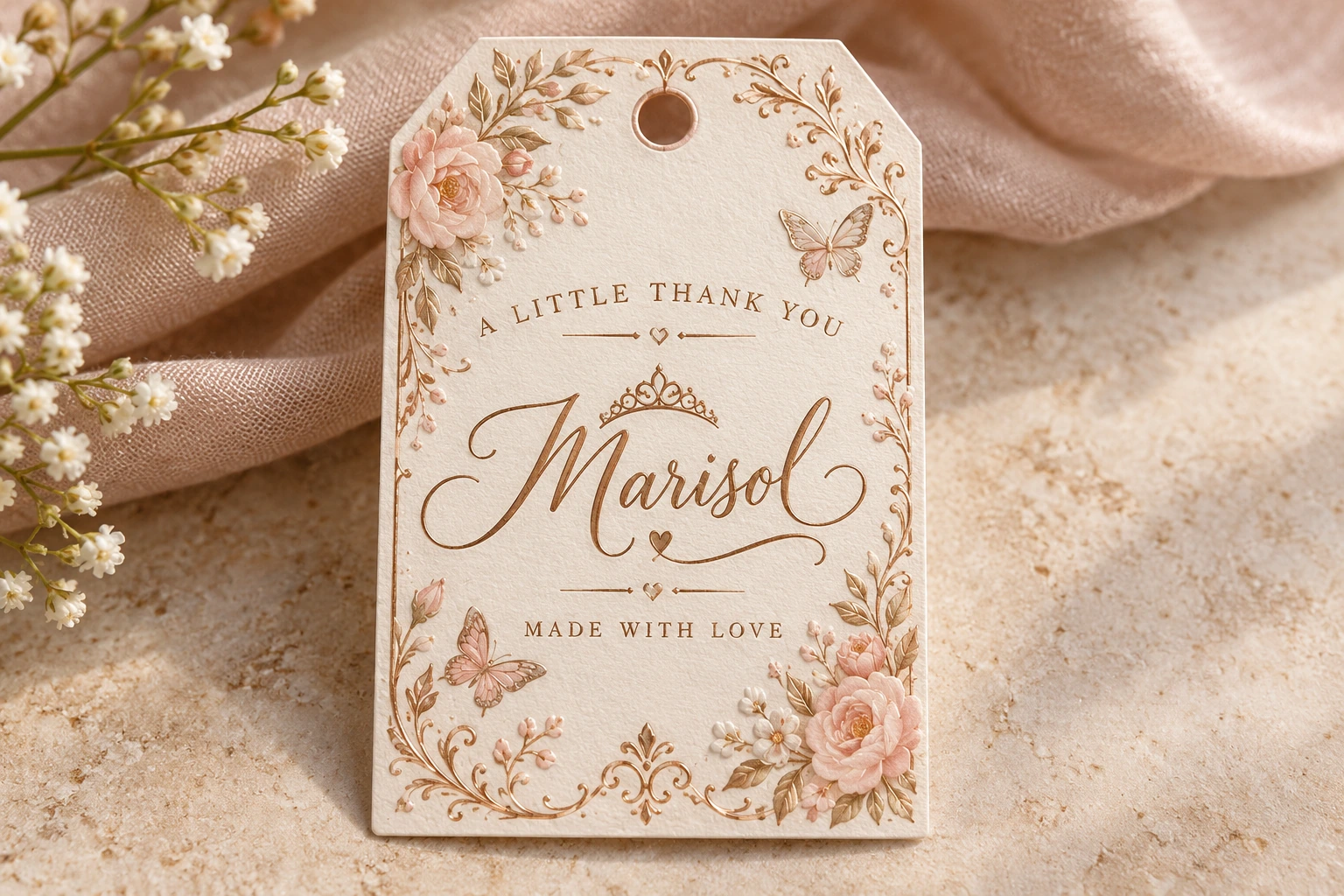 Original favor tag example, shown complete in a coordinated celebration collection
