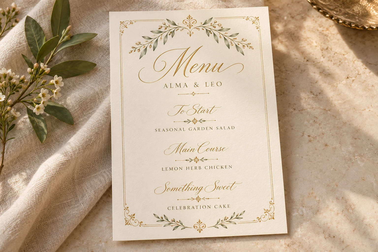 Original menu example, shown complete in a coordinated celebration collection