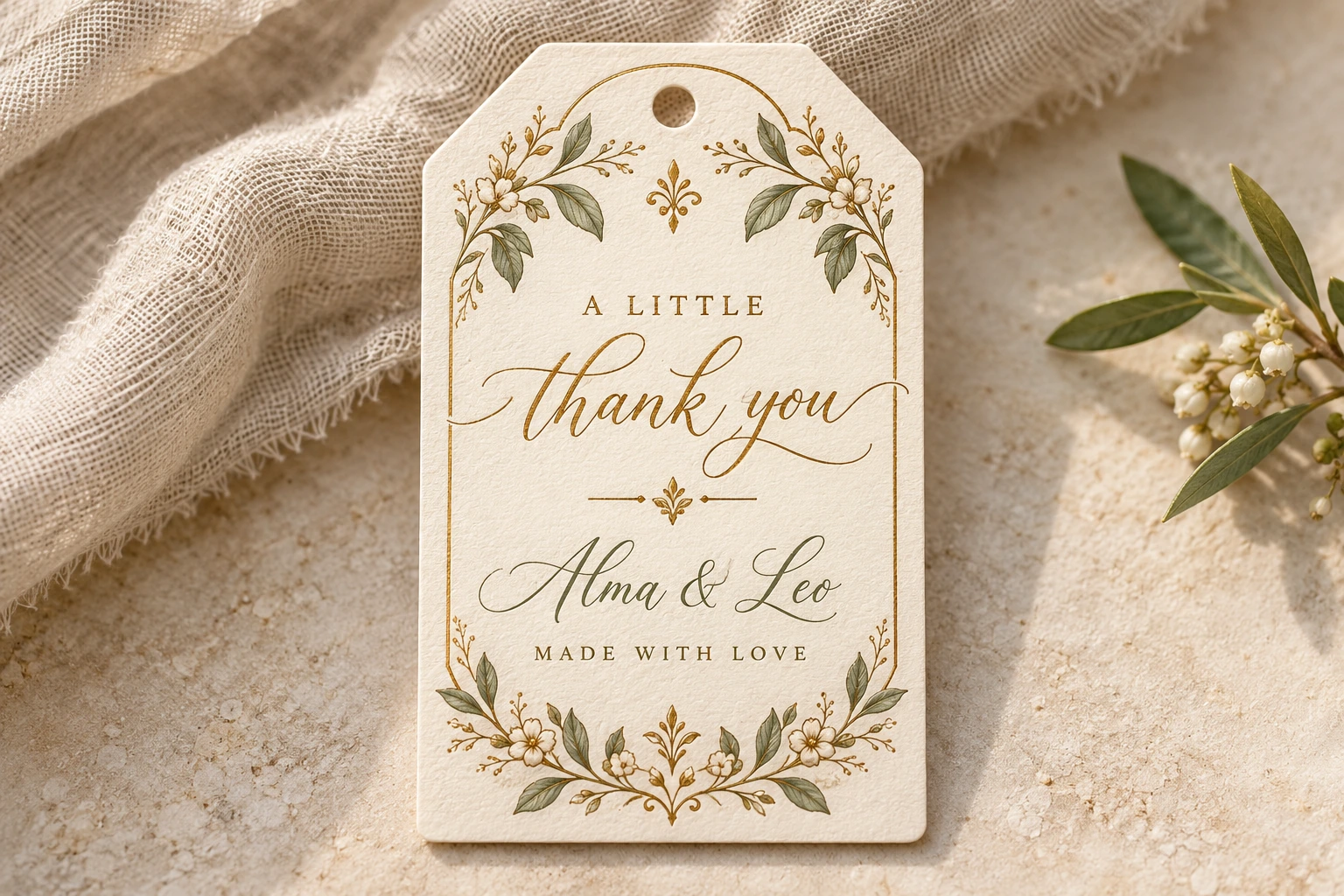 Original favor tag example, shown complete in a coordinated celebration collection