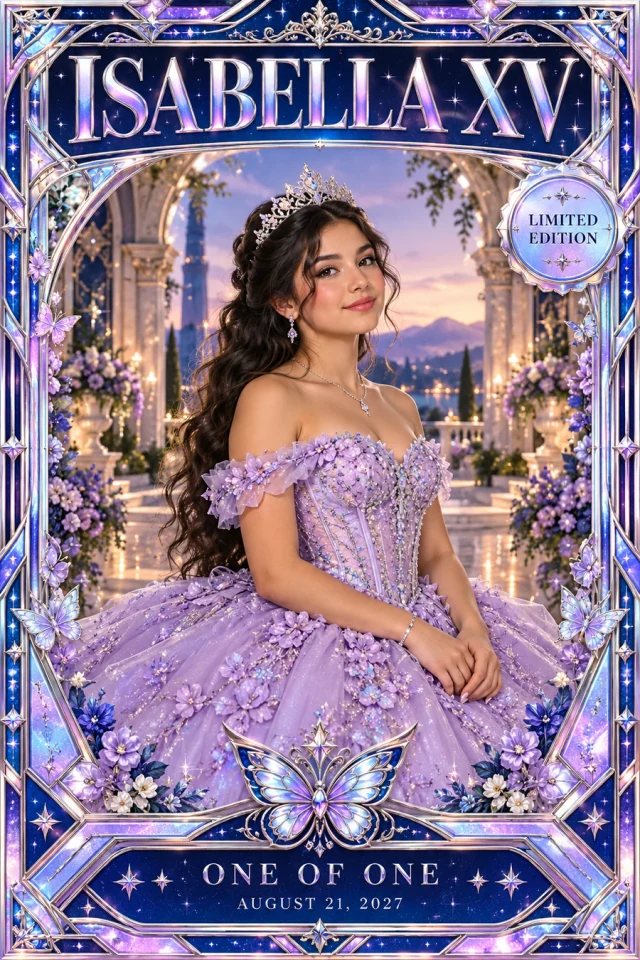 Sample Isabella XV collector-card poster with a lavender gown and an iridescent geometric border.