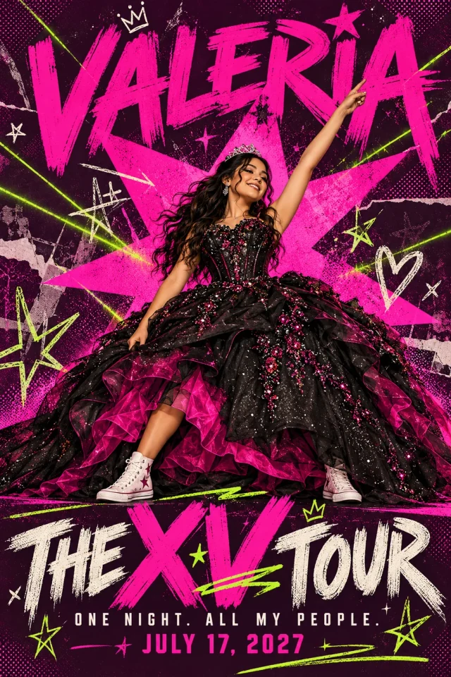 Sample Valeria XV tour poster in magenta and lime with a celebration gown and stage-inspired graphics.