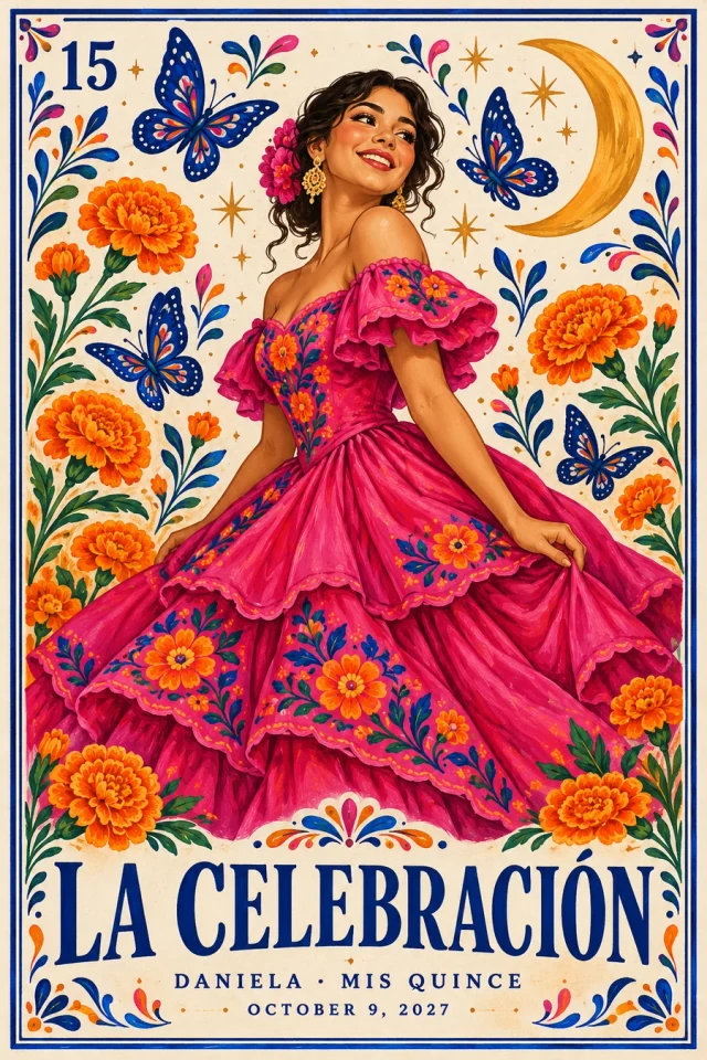 Original sample lotería-inspired celebration poster with a fuchsia dress, cobalt butterflies and marigolds.