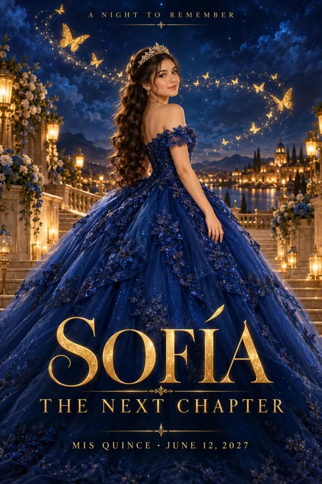 Sample quinceañera movie poster with a royal blue gown, golden butterflies and the title The Next Chapter.