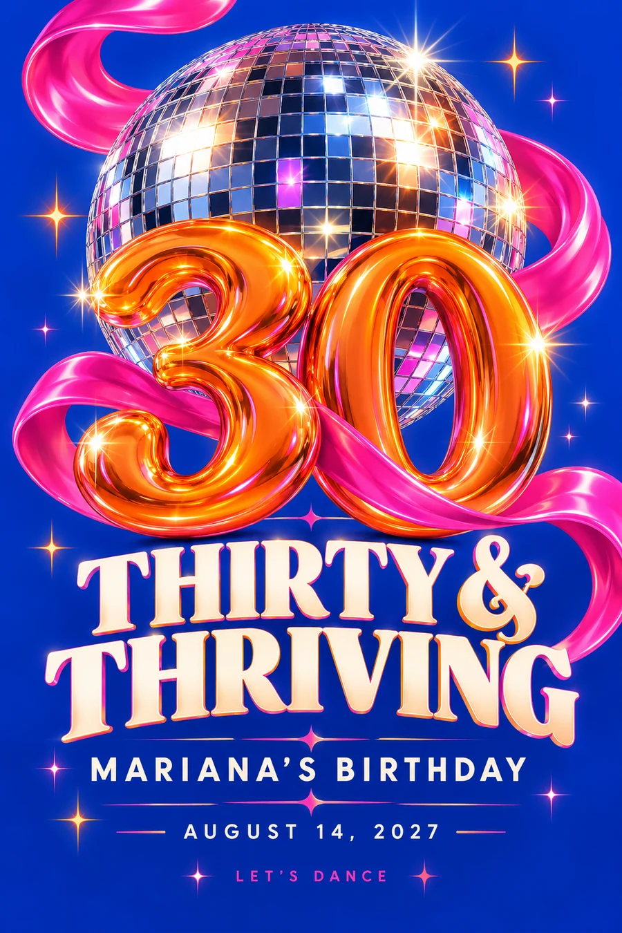 Póster ficticio de cumpleaños número treinta con bola disco y gráficos en rosa, naranja y azul.