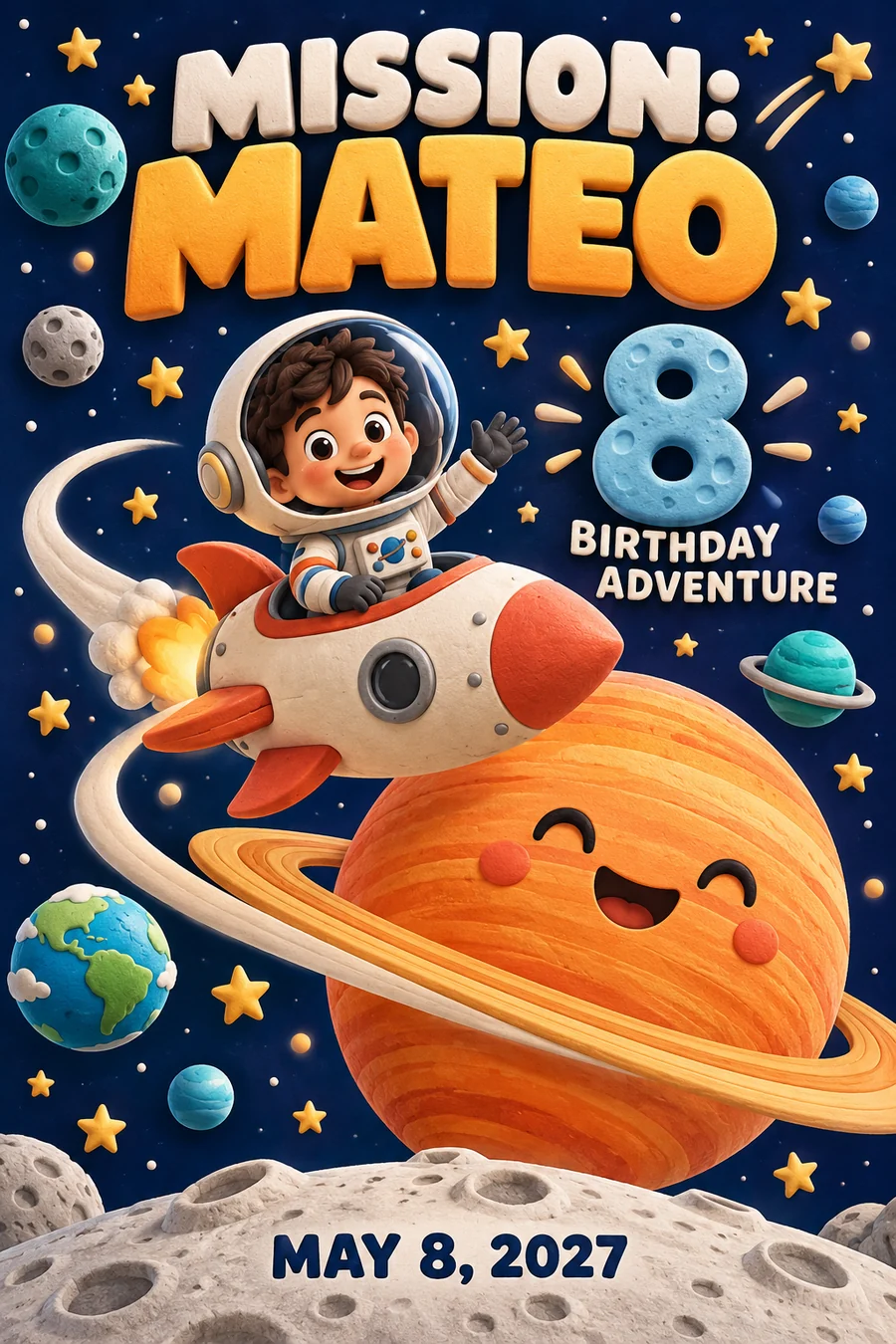 Póster ficticio de octavo cumpleaños con astronauta original ilustrado, cohete y planetas de colores.
