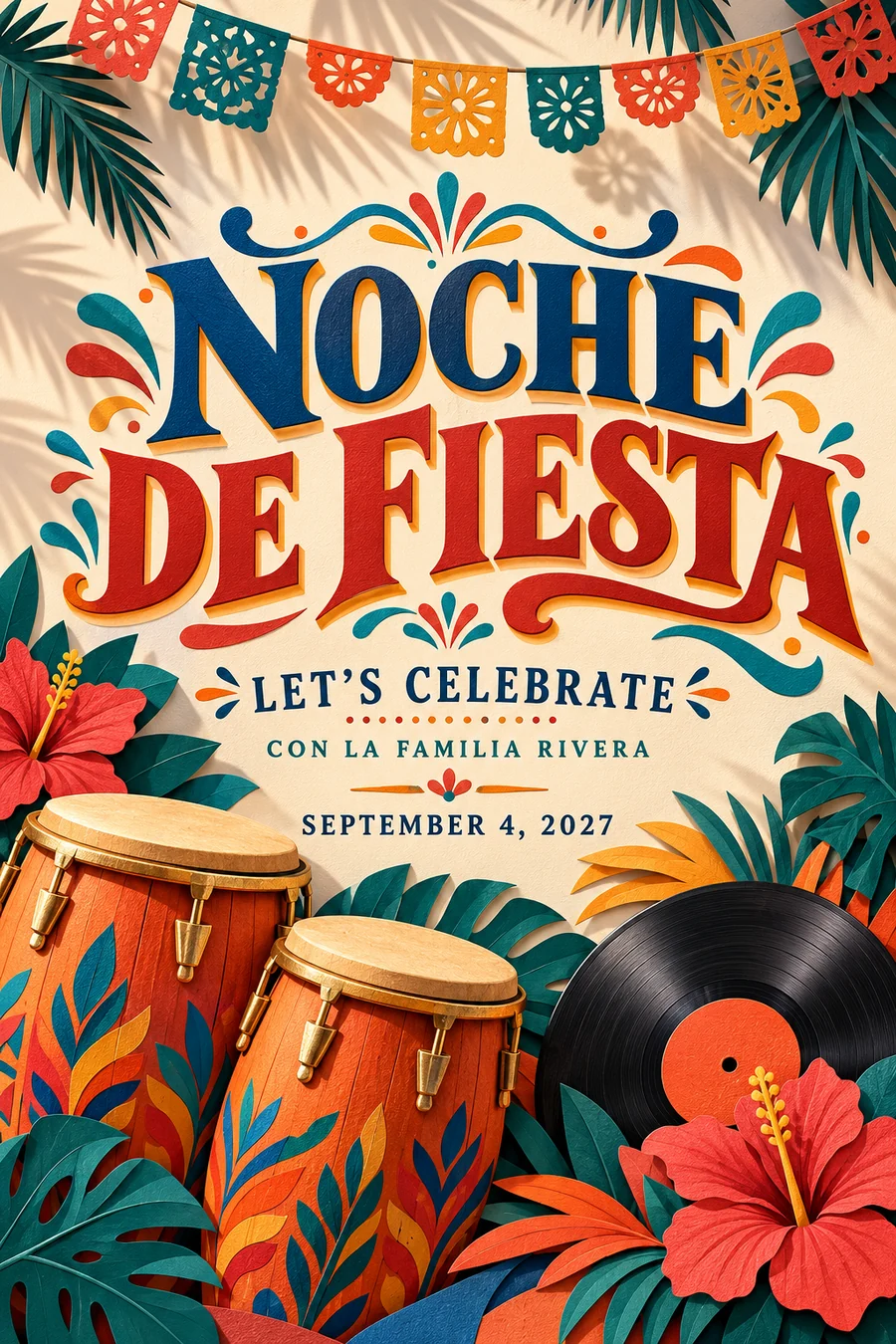 Póster ficticio bilingüe de fiesta latina con congas, vinilo, flores tropicales y guirnaldas de papel.
