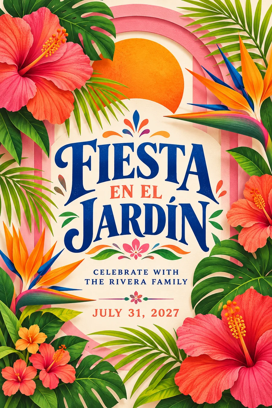 Póster ficticio de fiesta en jardín con flores tropicales, palmeras y formas de papel de colores.