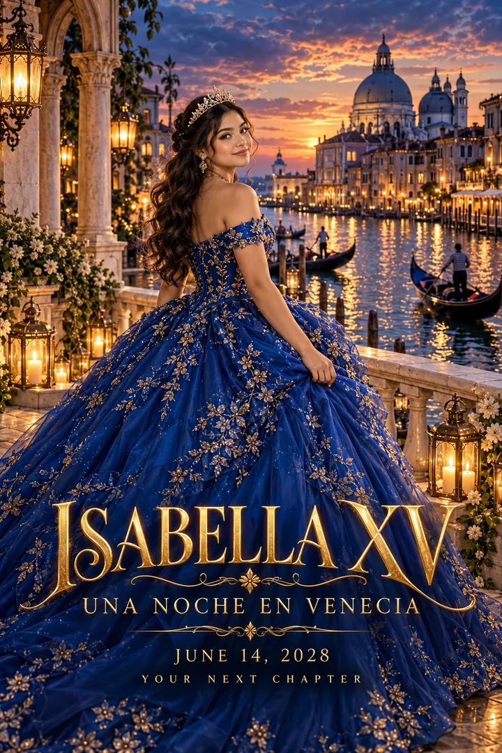 Sample Isabella XV cinematic poster with a royal blue gown, Venetian canals and golden sunset light.