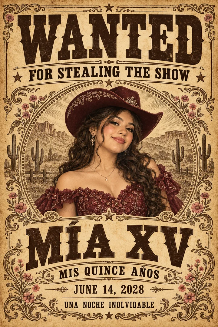 Sample Mía XV wanted-style celebration poster with a burgundy gown, western hat and sepia ornament.