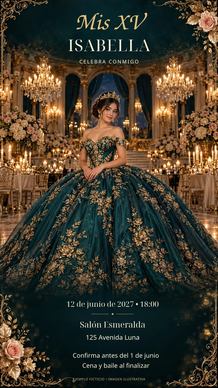 Muestra ficticia personalizada de Isabella. Estilo ilustrativo; las piezas y medidas se indican abajo.