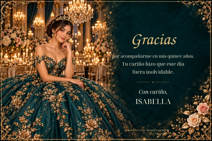 Muestra ficticia personalizada de Isabella. Estilo ilustrativo; las piezas y medidas se indican abajo.