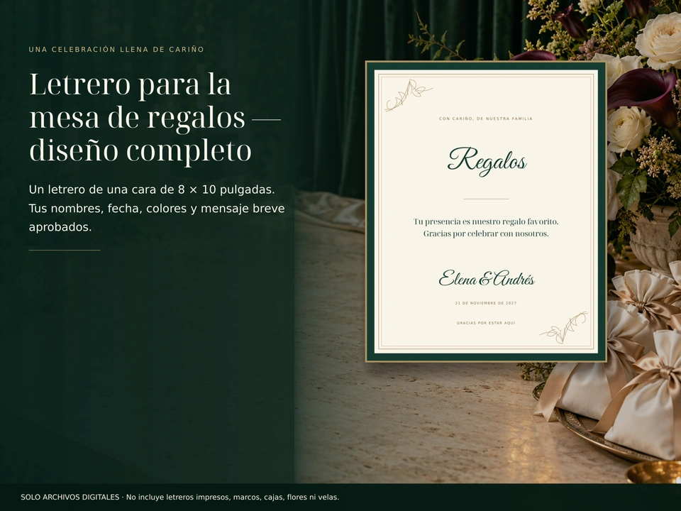 Letrero para la mesa de regalos — diseño completo
