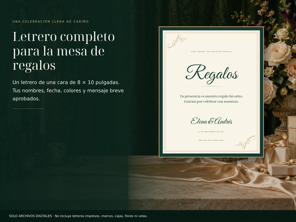 Letrero completo para la mesa de regalos