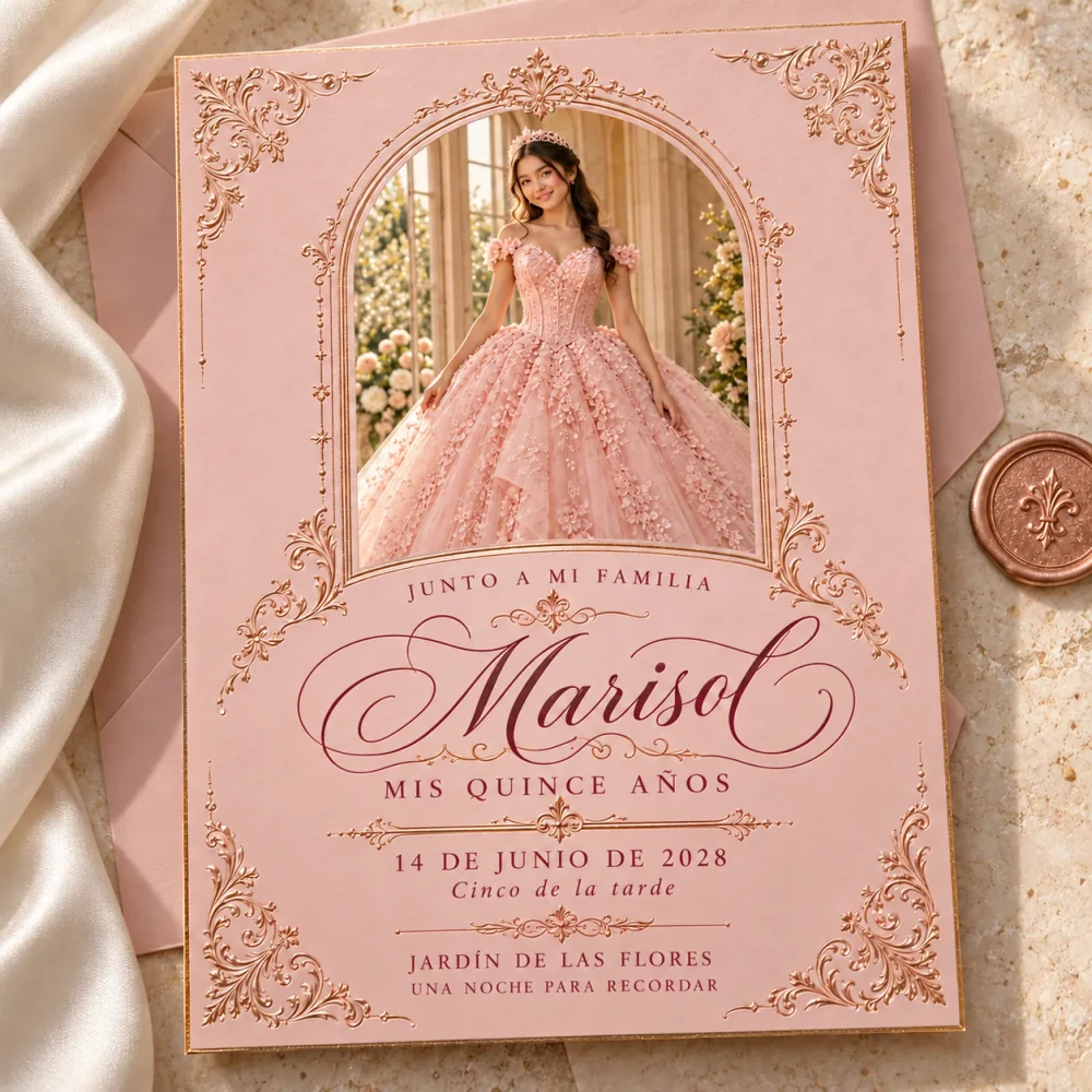 Rosa suave y oro rosa · retrato de quinceañera en arco, caligrafía amplia y filigrana fina con efecto de oro rosa sobre rosa suave.