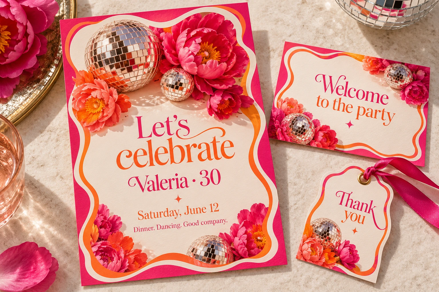 Disco Bloom · Hot pink + tangerine + silver