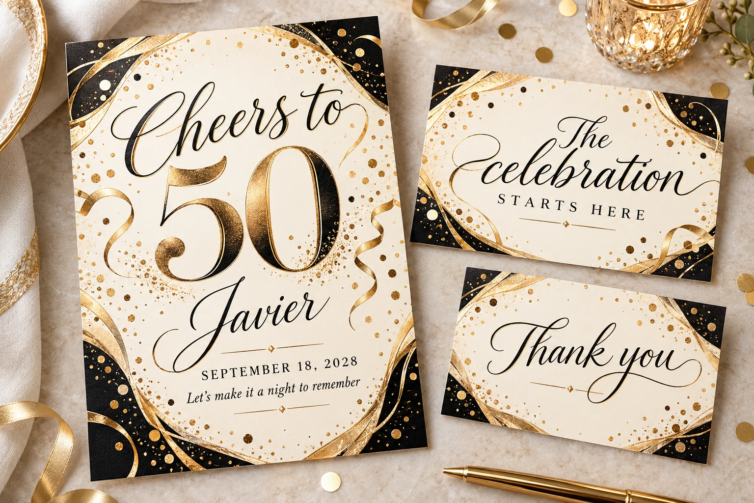 Golden Milestone · Champagne gold + black + ivory