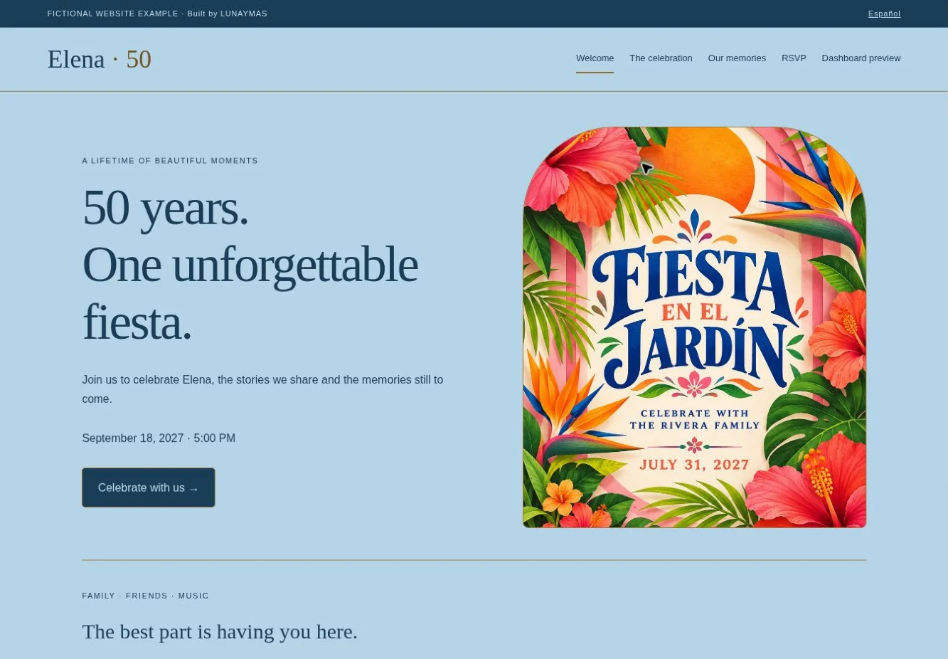 Homepage picture of Elena’s 50th birthday website