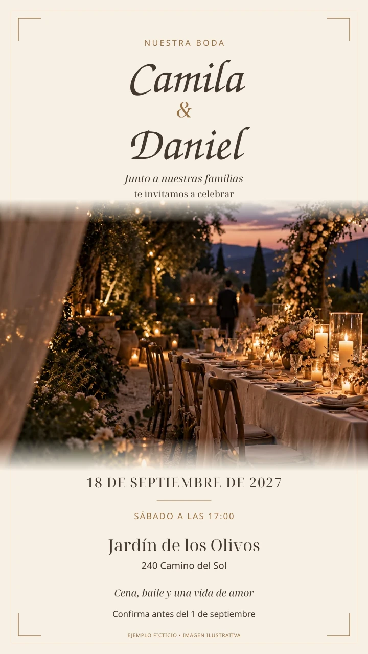 Muestra ficticia personalizada de Camila y Daniel. Estilo ilustrativo; las piezas y medidas se indican abajo.