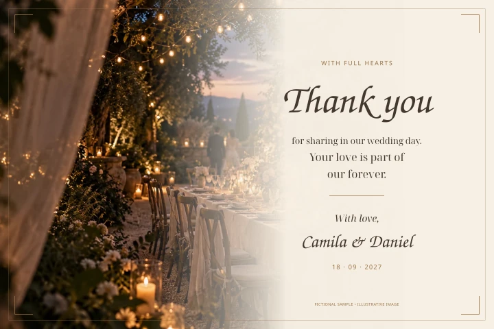 Fictional personalized Camila and Daniel sample. Style illustration; included pieces and sizes are listed below.