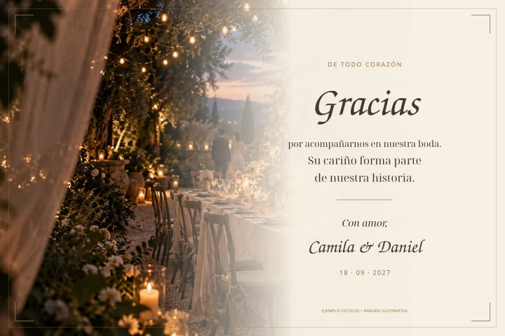 Muestra ficticia personalizada de Camila y Daniel. Estilo ilustrativo; las piezas y medidas se indican abajo.