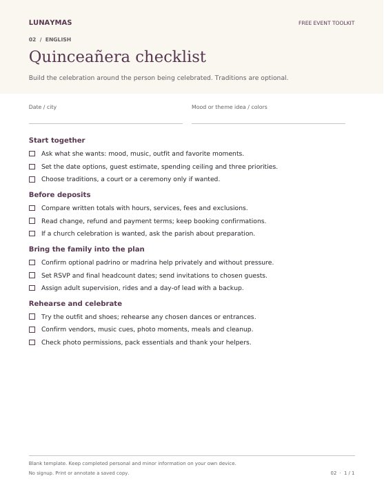 Preview of the English Quinceañera checklist