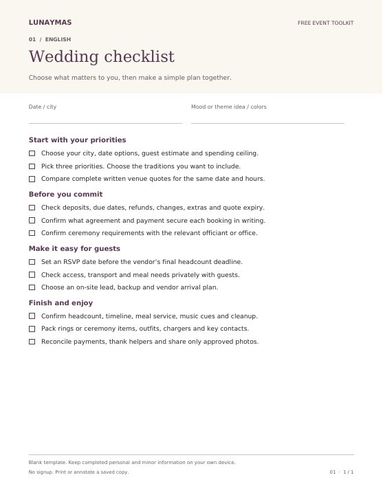 Preview of the English Wedding checklist