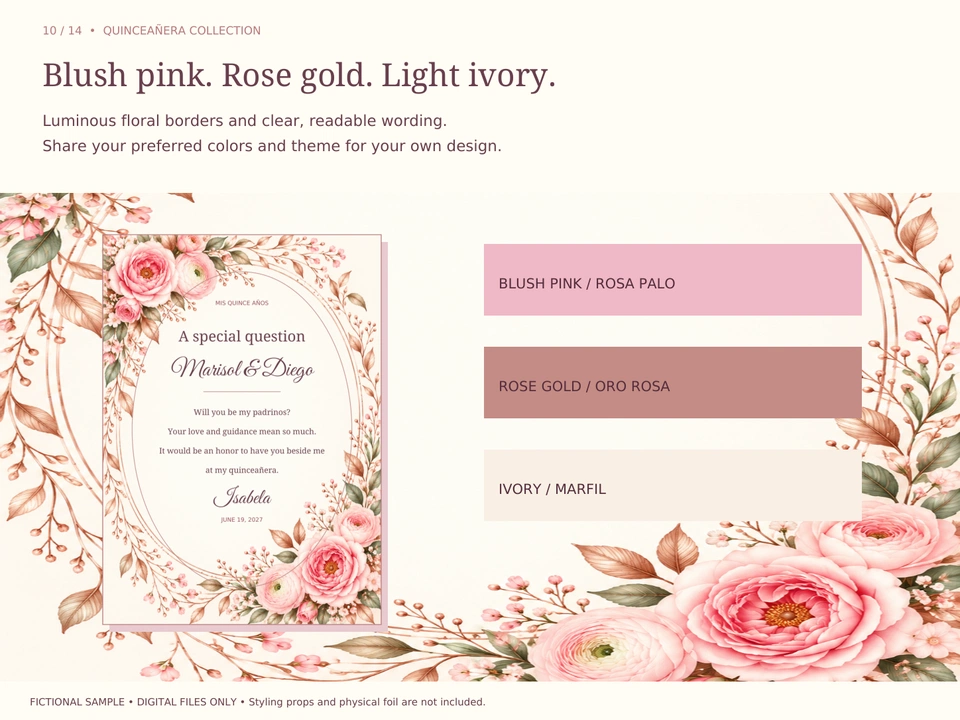 Blush pink. Rose gold. Light ivory.
