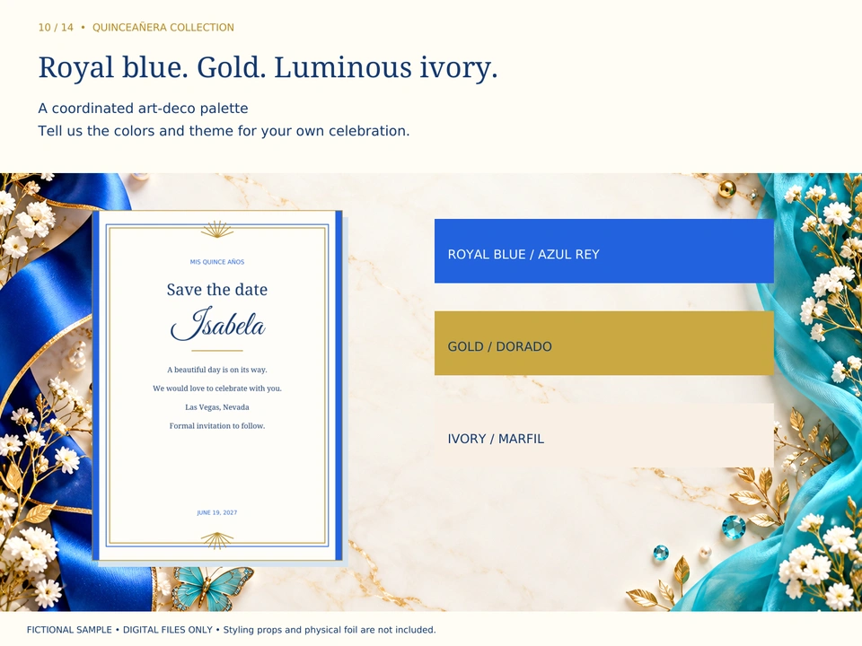 Royal blue. Gold. Luminous ivory.