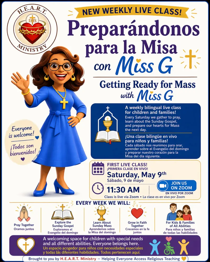 Flyer bilingüe de clase de formación de fe con Miss G