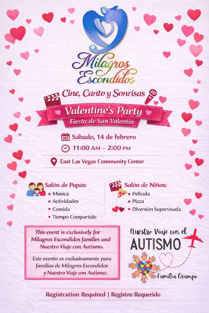 Flyer bilingüe de evento comunitario de Milagros Escondidos