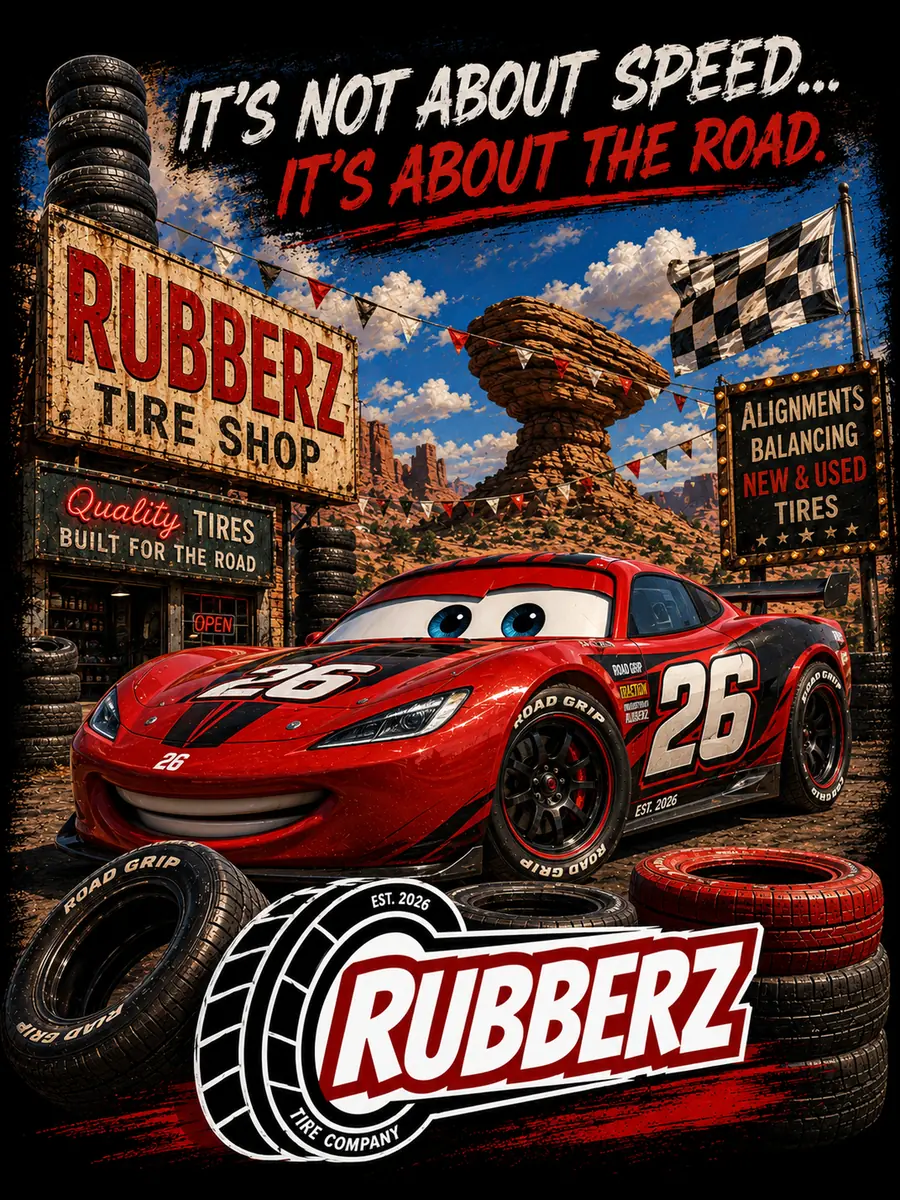 Arte promocional de marca para Rubberz Tire Company