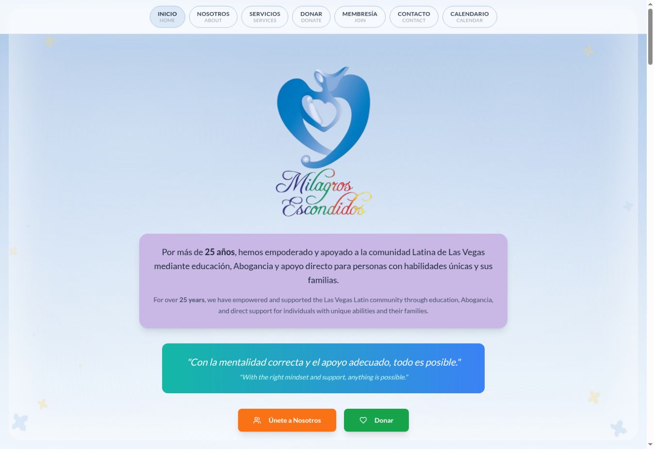 Screenshot of the Milagros Escondidos website