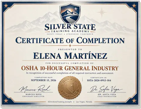 Achievement certificate — Silver State Training Academy