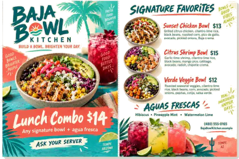 Table tent menu — Baja Bowl Kitchen