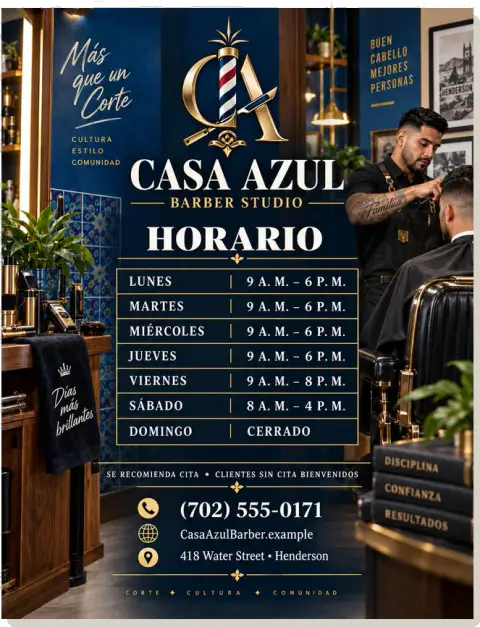 Letrero de horario — Casa Azul Barber Studio